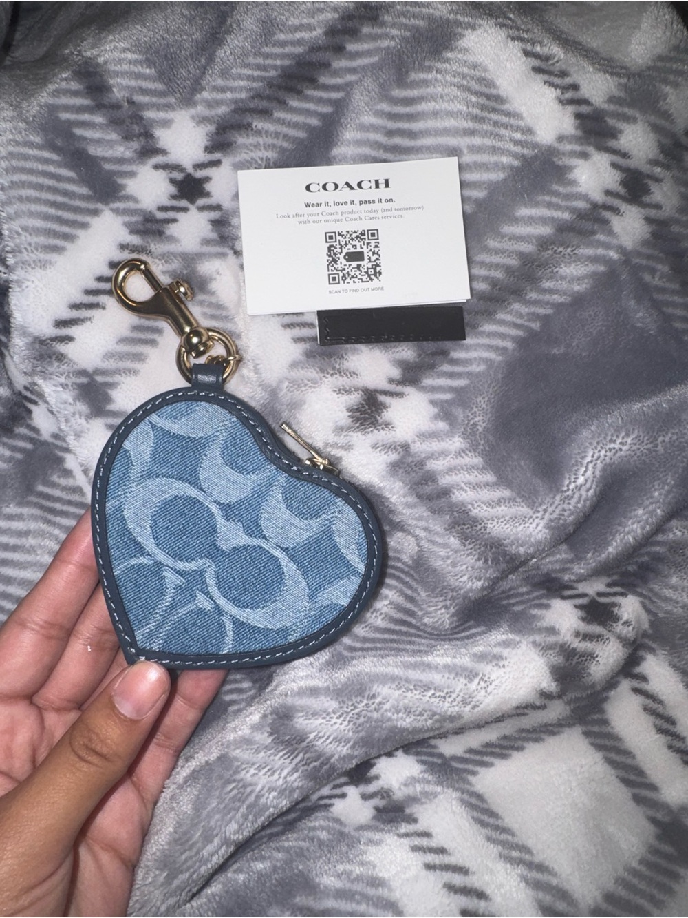 COACH denim  Heart Keychain Coin Purse - Denim Blue Signature